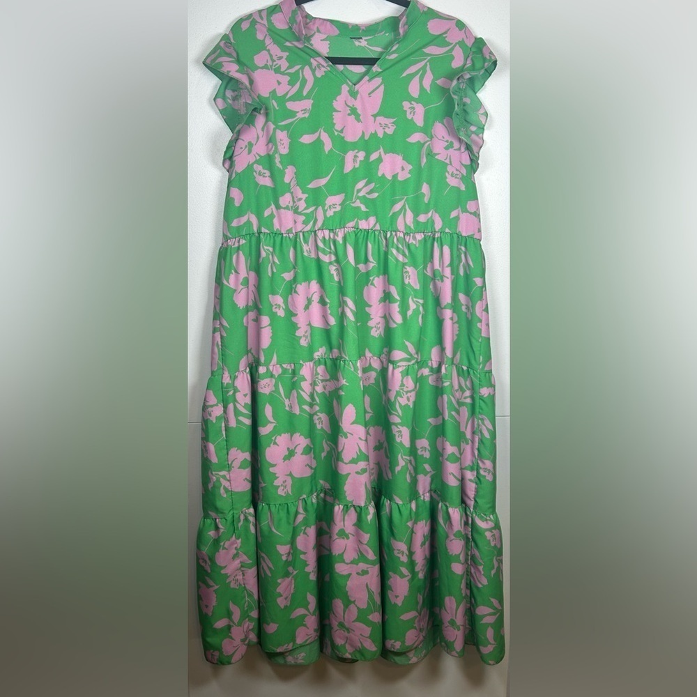 Green and Pink Tiered Maxi Sundress with Flutter Sleeves. Size 1X